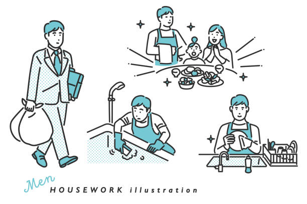 bildbanksillustrationer, clip art samt tecknat material och ikoner med a man performing a variety of household chores. - städning