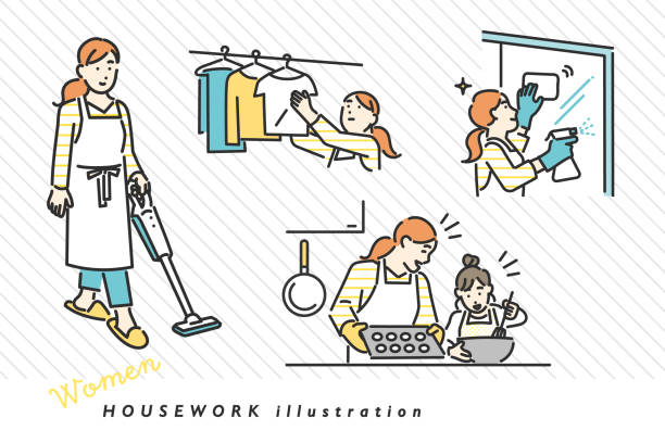 bildbanksillustrationer, clip art samt tecknat material och ikoner med housewife who performs various household chores - husstädning illustrationer
