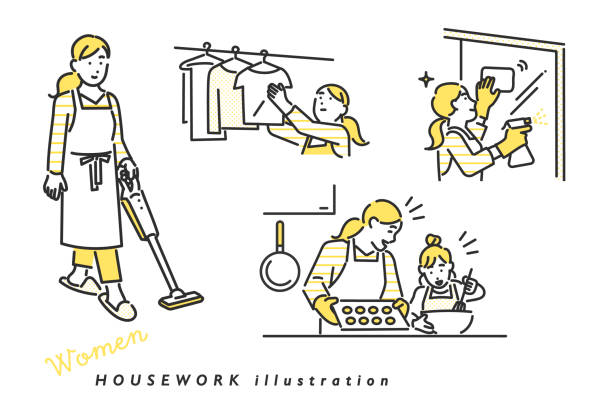 다양한 가정 집안일을 수행하는 주부 - stereotypical housewife stock illustrations