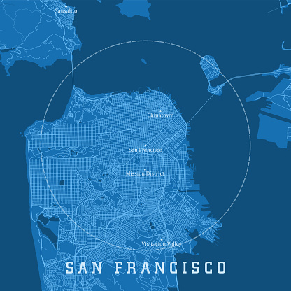 San Francisco CA City Vector Road Map Blue Text. All source data is in the public domain. U.S. Census Bureau Census Tiger. Used Layers: areawater, linearwater, roads.