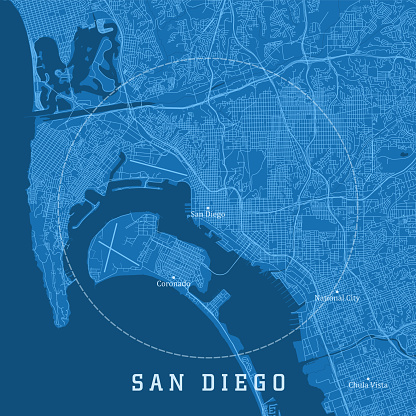 San Diego CA City Vector Road Map Blue Text. All source data is in the public domain. U.S. Census Bureau Census Tiger. Used Layers: areawater, linearwater, roads.