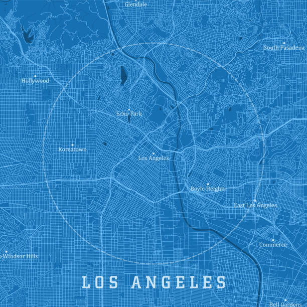 illustrazioni stock, clip art, cartoni animati e icone di tendenza di los angeles ca city vector road map testo blu - los angeles county