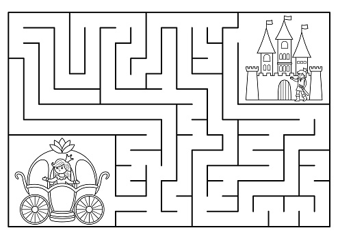 Labirinto Conto Fadas Preto Branco Para Crianças Com Paisagem Medieval  imagem vetorial de LexiClaus© 518072524