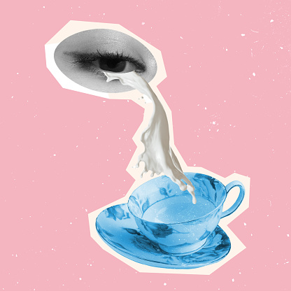 Flight of fantasy and memories. Contemporary art collage of female eye crying with milk into cup isolated over pink background. Concept of art, creativity, imagination. Copy space for ad