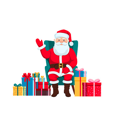Santa Claus is sitting on a green chair. There are gifts around. Present. Flat style. Christmas, holiday, fun. Holiday. Father Frost. Isolated over white background. Vector illustration