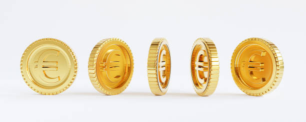 closeup of isolated set of euro coins on white background , euro coin is main european union or euro zone  with clipping path by 3d render. - european union coin european union currency coin isolated objects imagens e fotografias de stock