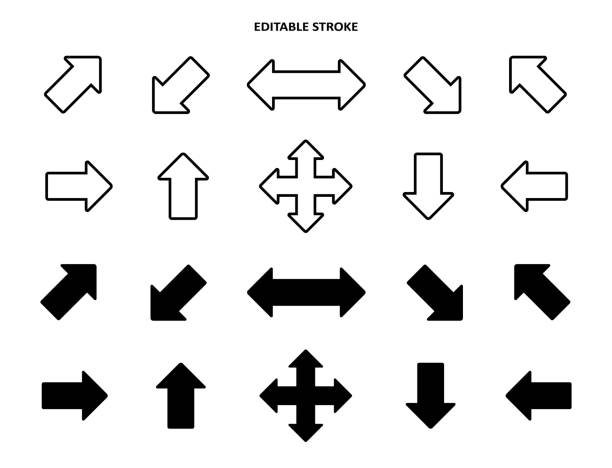화살표 아이콘을 설정합니다. 오른쪽, 왼쪽, 위, 아래 방향의 다른 화살표 기호를 수집합니다. 검정 벡터 추상 요소 - symmetry stock illustrations