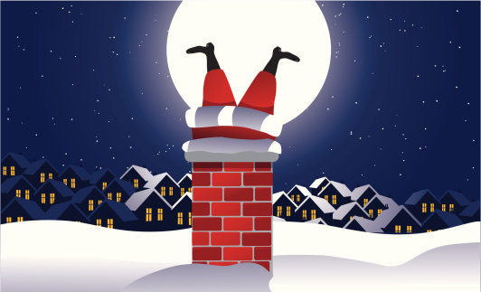 Santa Claus is up on the rooftop, stuck in the chimney. Grouped for easy editing. See similar files: