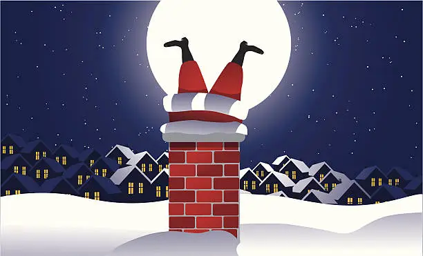 Vector illustration of Santa stuck in the chimney