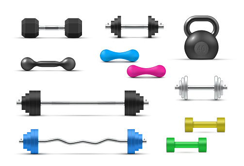 Barbells, dumbbells and kettlebells set realistic vector illustration. Collection heavy fitness sport equipment for training isolated. Gym powerlifting tools for strong muscles. Metal athletic weights