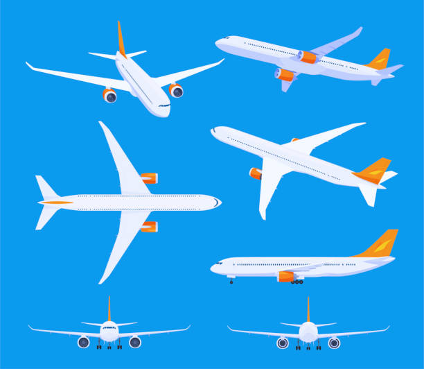 Airliner set vector illustration. Collection flying airplane side, front back view transportation Airliner set vector flat illustration. Collection flying airplane side, front and back view. Cargo passenger avia transportation with wings. Modern jet vehicle for business, vacation travel adventure aluminum sign mockup stock illustrations