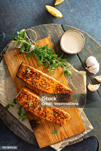Cedar Plank Roasted Salmon Stock Photo - Download Image Now - Salmon - Seafood, Grilled, Plank - Timber