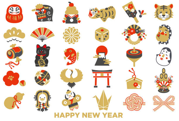 ilustraciones, imágenes clip art, dibujos animados e iconos de stock de material de ilustración del icono de año nuevo japonés - new years illustrations