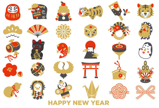 illustrazioni stock, clip art, cartoni animati e icone di tendenza di materiale illustrativo dell'icona del capodanno giapponese - undomesticated cat immagine