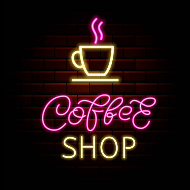 istock Coffee shop neon brush lettering. Bright promotion. Outer glowing effect poster. Isolated vector stock illustration 1347892939