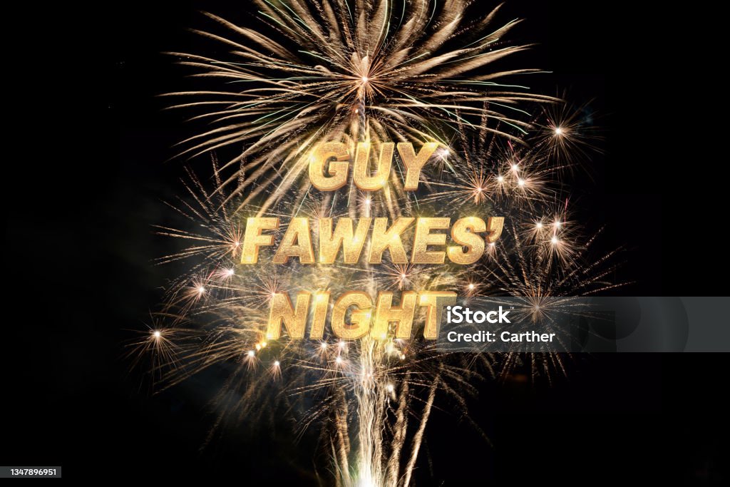 Guy fawke's night pyrotechnic background with festive golden text in a night black sky Guy fawke's night pyrotechnic background with festive golden text in a night black sky over exploding fireworks or gunpowder and fiery sparks forming decorative trails through the darkness Firework - Explosive Material Stock Photo