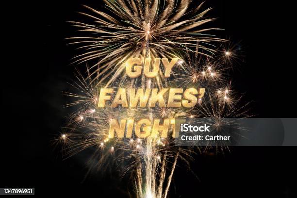 Guy Fawkes Night Pyrotechnic Background With Festive Golden Text In A Night Black Sky Stock Photo - Download Image Now