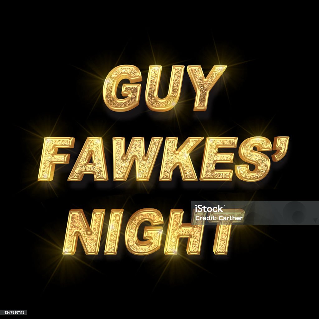 Guy Fawkes' Night text with sparkling gold calligraphy isolated on black background Bonfire Stock Photo