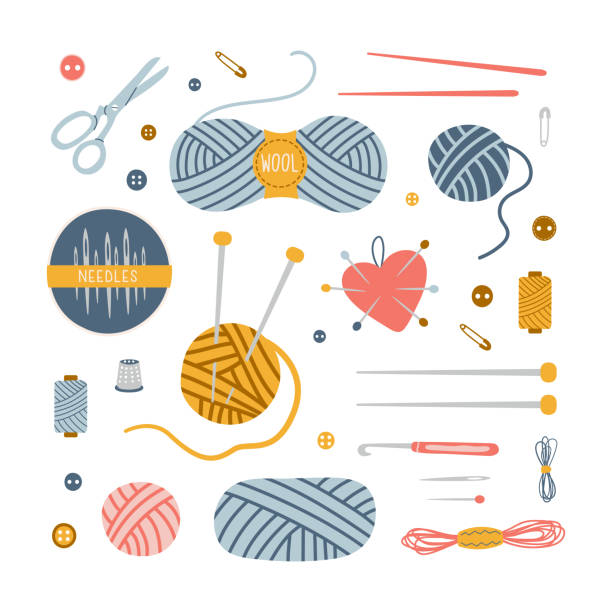ilustraciones, imágenes clip art, dibujos animados e iconos de stock de colorido juego de hilos de coser, madejas de hilo de lana y herramientas para la costura. - needle craft tailor sewing