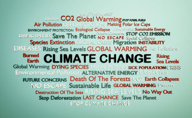 Climate Change word cloud. The word climate change surrounded by words like global warming, rising sea level, crisis, diseases, co2 or air pollution. 3D illustration climate justice photos stock pictures, royalty-free photos & images