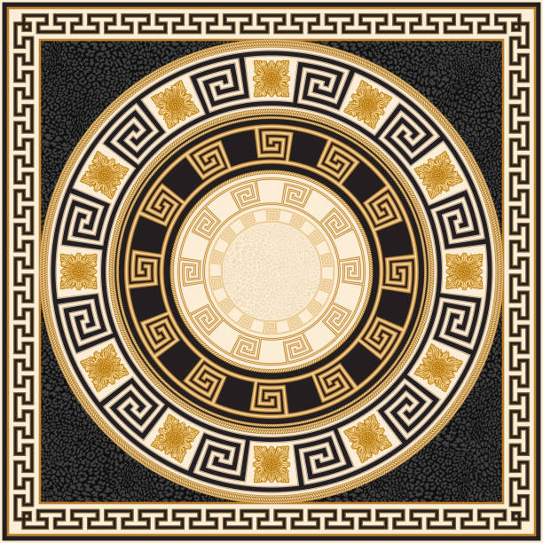 okrągły grecki meandrowy fryz graniczny ze złotym kwadratowym kwiatem, złotymi ramkami kablowymi na tle czarnej skóry lamparta. 6 pędzli wzorka na palecie pędzli - key pattern stock illustrations