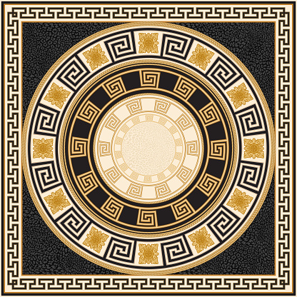 Scarf, bandana print, neckerchief, kerchief, carpet. Round Greek meander border frieze with golden square flower décor, gold cable frames on a black leopard skin background. 6 pattern brushes in the brush palette