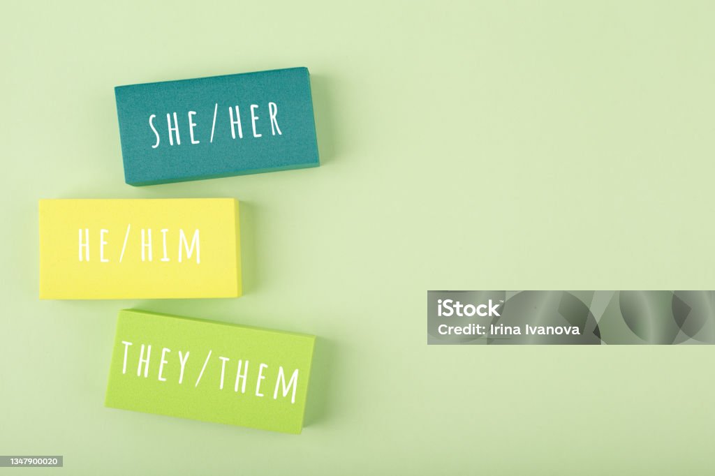 Correct pronouns for different genders on light pastel green  background with copy space Correct pronouns for different genders on light green background with copy space. Concept of Lgbtq plus, transgender and bigender tolerance, respect and equal rights Pronoun Stock Photo
