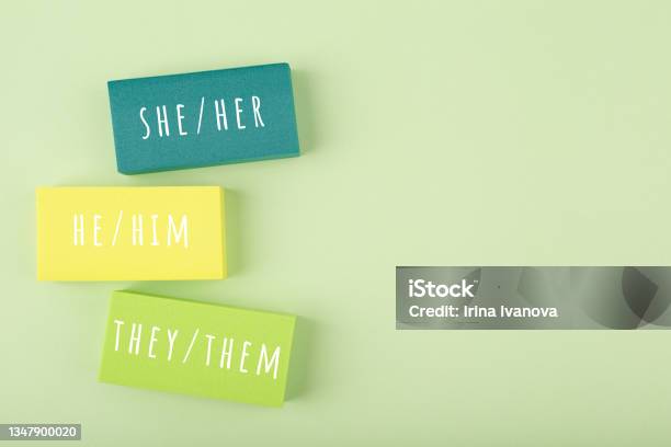 Correct Pronouns For Different Genders On Light Pastel Green Background With Copy Space Stock Photo - Download Image Now