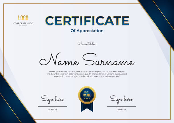 Luxury certificate award template on dark blue, white and gold color background, multipurpose certificate border with badge design Luxury certificate award template on dark blue, white and gold color background, multipurpose certificate border with badge design diploma stock illustrations