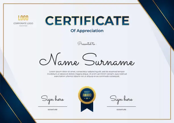 Vector illustration of Luxury certificate award template on dark blue, white and gold color background, multipurpose certificate border with badge design