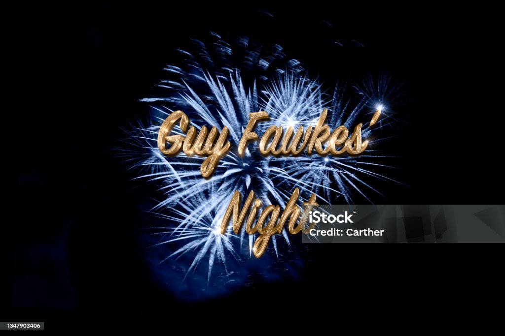 Guy Fawkes' Night text with sparkling gold calligraphy over blue slow motion fireworks isolated on black background Abstract Stock Photo