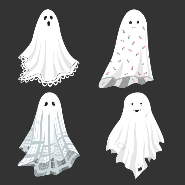 Set of cute ghost in a vintage, old, and retro sheets. Design elements for Halloween decorative design. Isolated vector collection Set of cute ghost in a vintage, old, and retro sheets. Design elements for Halloween decorative design. Isolated vector collection. sheet stock illustrations