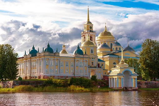 Travel landscape. Nilo-Stolobensky Monastery in Tver region, Ostashkov, Russia.  summer sunny view
