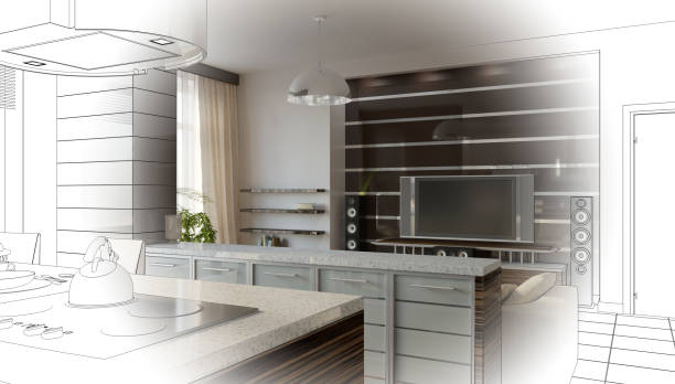 istock visualization of modern residential interior design, 3D illustration, cg render 1347905808