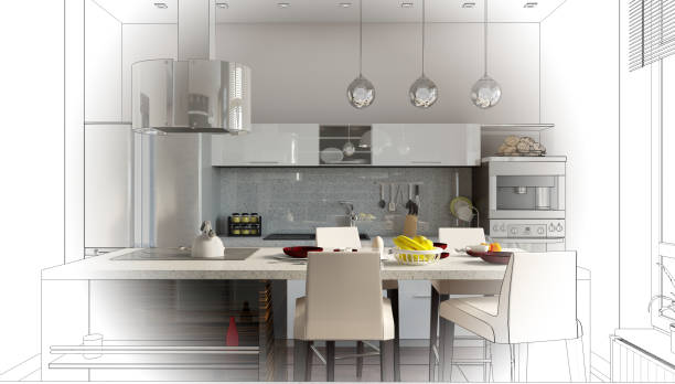 istock visualization of modern residential interior design, 3D illustration, cg render 1347905886