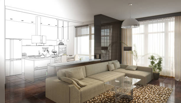 istock visualization of modern residential interior design, 3D illustration, cg render 1347905909