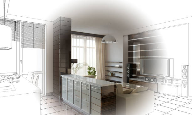 istock visualization of modern residential interior design, 3D illustration, cg render 1347905988