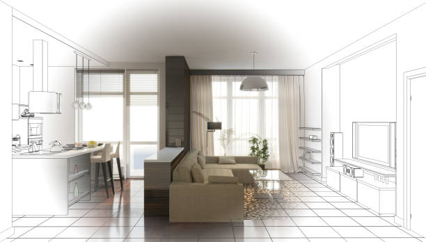 istock visualization of modern residential interior design, 3D illustration, cg render 1347905989
