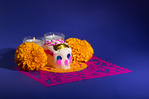 Day of the dead decorated sugar skull (calavera) votive candles and marigold cempasuchil flowers on pink papel picado on dark blue background, Dia de Muertos concept