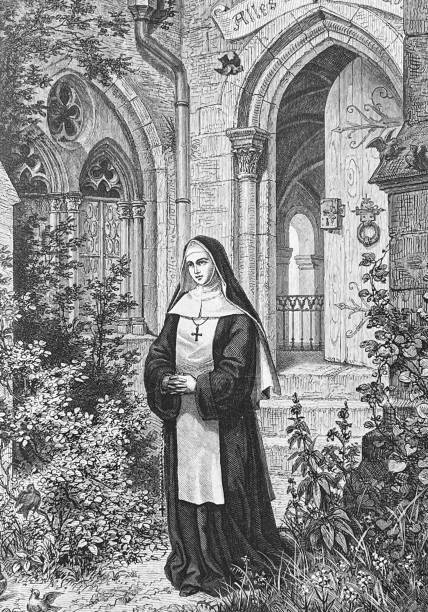 ilustrações, clipart, desenhos animados e ícones de jovem freira rezando no jardim do mosteiro - nun