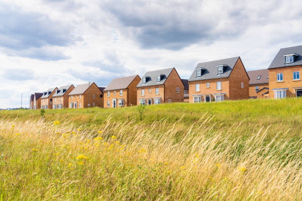 New build housing estate in England A view across meadow grass to a new build housing estate near Milton Keynes, England. housing development stock pictures, royalty-free photos & images