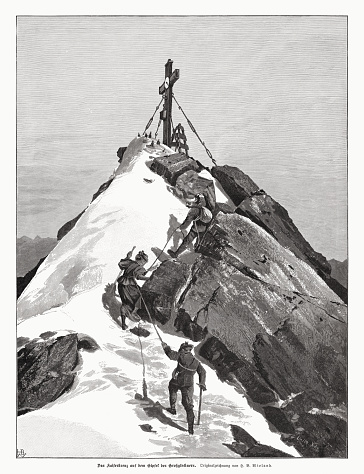 Historical view of the summit cross on the Grossglockner. Ascent of the mountain at the end of the 19th century. With a height of 3798 m above sea level it is the highest mountain in Austria and with more than 5000 summit climbs per year, a popular destination for mountaineers to this day. Wood engraving after a drawing by Hans Beat Wieland (Swiss painter, 1867 - 1945), published in 1897.