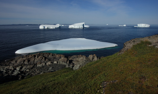 Icebergs grounded off the shore of Goose Cove, Newfoundland, Canada.
