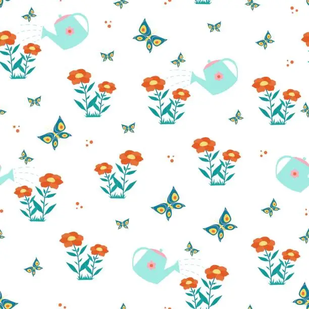 Vector illustration of Watering can Flowers and butterflies seamless pattern. Vector print in flat style