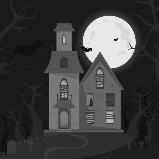 istock Scary haunted house, Halloween horror house. Vector illustration in flat style. black and white 1347913894