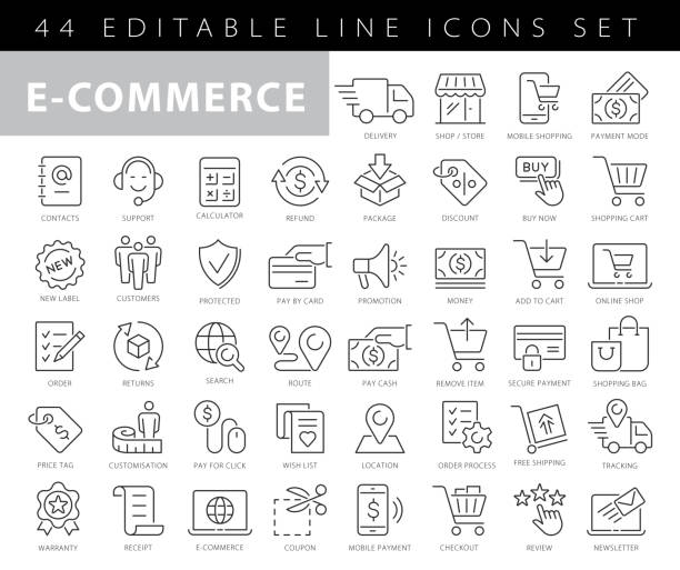 ilustraciones, imágenes clip art, dibujos animados e iconos de stock de iconos de línea de comercio electrónico. trazo editable. píxel perfecto - e commerce