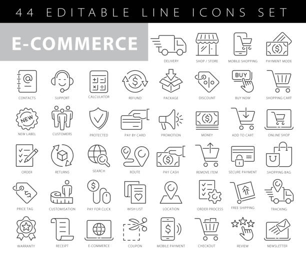 ilustrações de stock, clip art, desenhos animados e ícones de e-commerce line icons. editable stroke. pixel perfect - e commerce