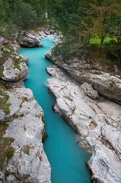 Beautiful turquoise mountain river Soca (Isonzo), Julian Alps, Slovenia. stock photo