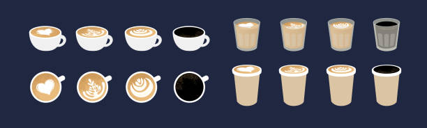 illustrazioni stock, clip art, cartoni animati e icone di tendenza di set di illustrazioni vettoriali di latte e caffè nero in varie tazze con varietà di latte art - cappuccino