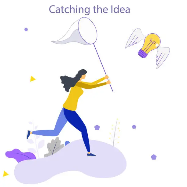 Vector illustration of Man with butterfly net catching flying winged lightbulb. Concept of chasing or pursuing innovative business idea